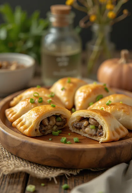 Jarné empanadas s jarnou cibuľkou a hubami, zlatohnedé, chrumkavé cesto s hubovou plnkou
