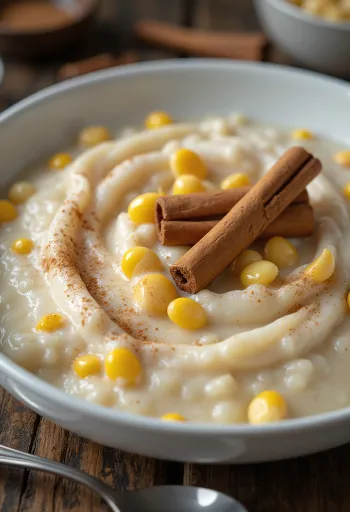 Canjica so škoricou v miske, ozdobená smotanou a škoricou, podávaná teplá.