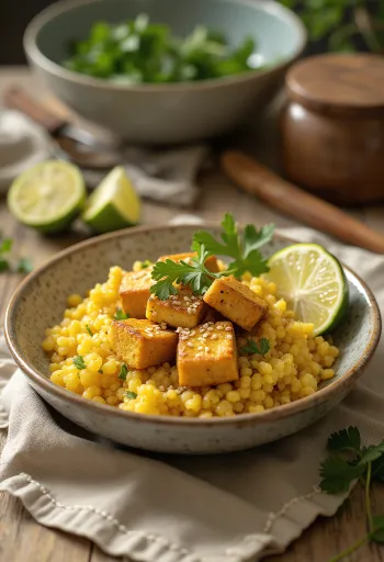 Cesnakové quinoa karí s limetkovým tofu