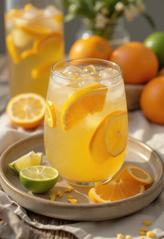 Citrusový cider s plátkami ovocia v pohári