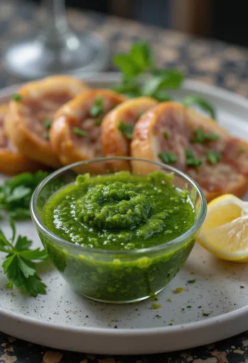 Omáčka Chimichurri podávaná ku grilovanému mäsu