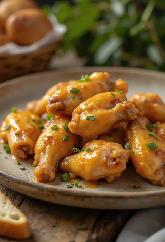 Kuracie krídla s medovo-horčicovou omáčkou na tanieri