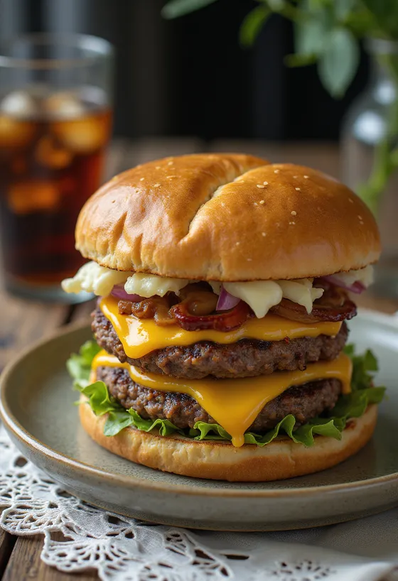 Dvojitý cheeseburger servírovaný na papieri