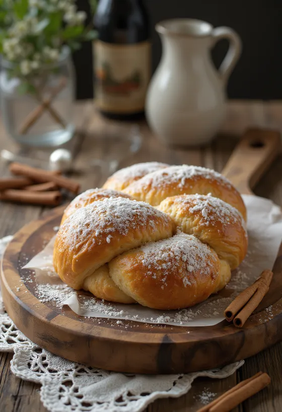 Kanelstang s práškovým cukrom, čerstvo upečený škoricový koláč
