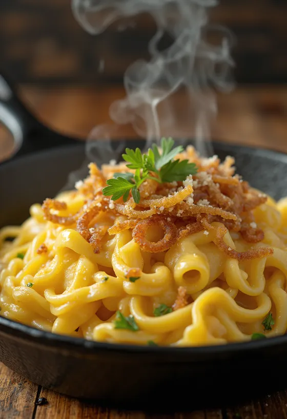 Käsespätzle, rakúske syrové halušky s údenou šunkou a opraženou cibuľkou