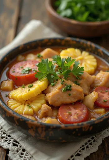 Puchero filipino, podávané s bohatou zeleninou, chorizom, banánom a kapustou