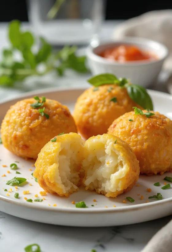 Ryžové guľky Arancini podávané s paradajkovou omáčkou