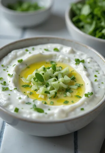 Uhorková raita servírovaná v miske s čerstvou mätou