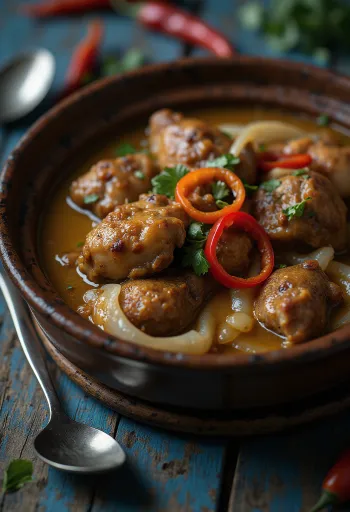 Adobo s kokosovým mliekom, bohaté, korenené jedlo podávané s ryžou a koriandrom