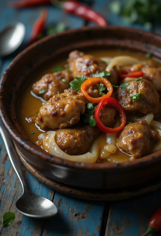 Adobo s kokosovým mliekom, bohaté, korenené jedlo podávané s ryžou a koriandrom