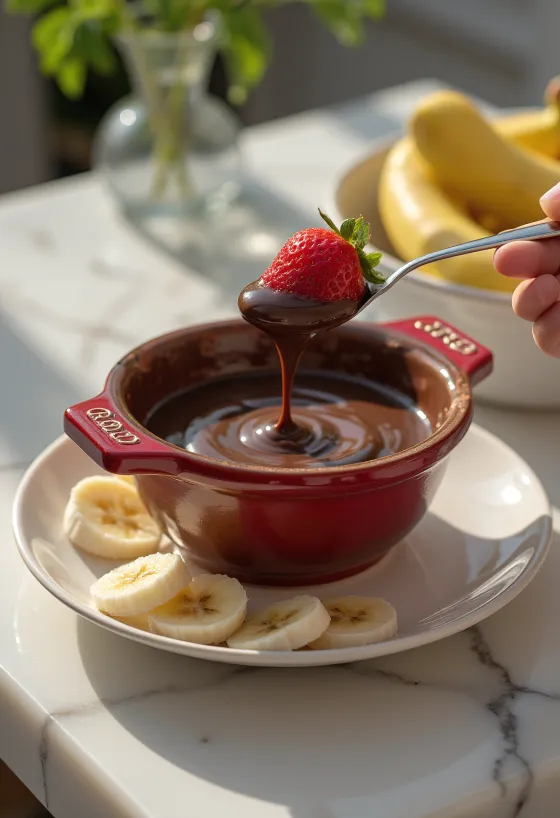 Horúce čokoládové fondue podávané s ovocím a kúskami piškót.
