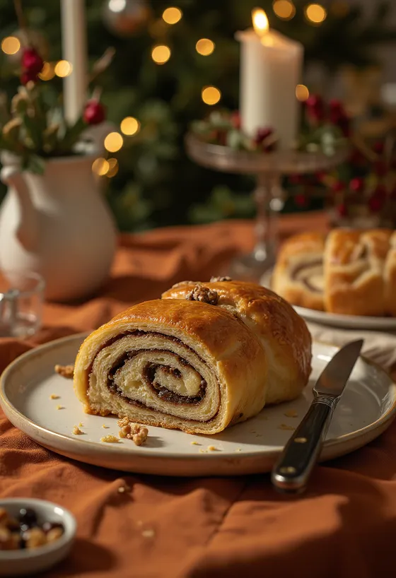 Čerstvo upečené plátky orechového závinu.