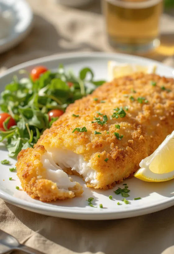 Chrumkavé vyprážané rybie filé upečené dozlatista, podávané s čerstvými citrónovými krúžkami a zeleninou