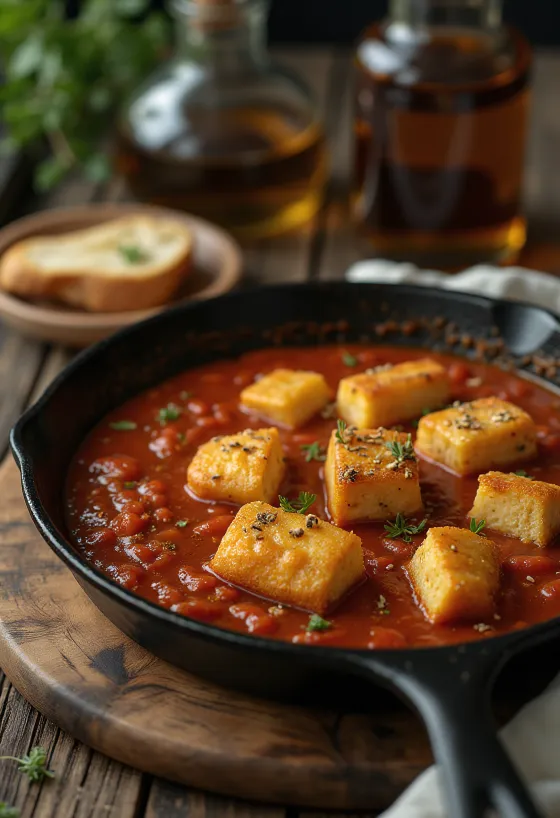 Pečené tofu v korenistej paradajkovej omáčke pri servírovaní