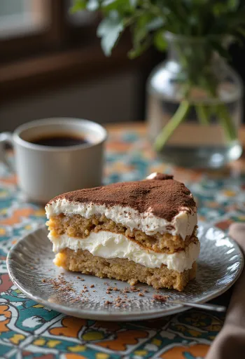 Krémová tiramisu torta s vrstvami kávových piškót a mascarpone krémom, poprášená kakaom