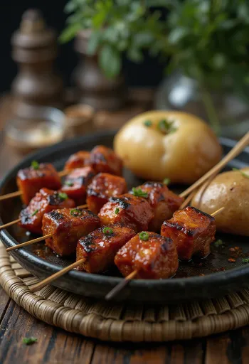 Špízy Anticuchos podávané s grilovanou zeleninou