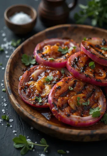 BBQ grilovaná červená cibuľa s paprikou servírovanie