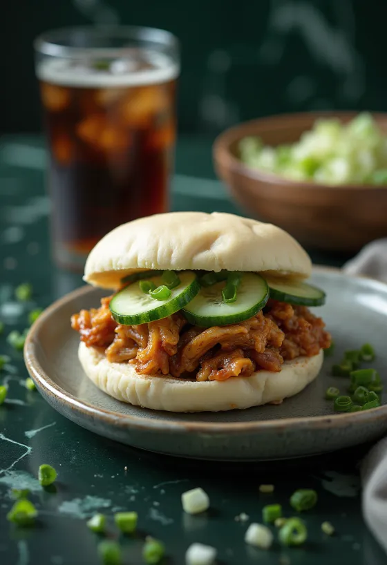 Bao žemličky s BBQ bravčovým mäsom jedlo naservírované