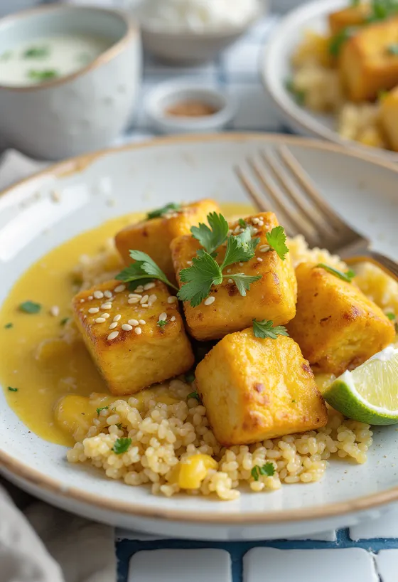 Cesnakové tofu s quinoa karí