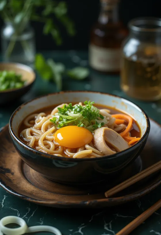 Gomoku udon so zeleninou a mäsom, podávané s vajíčkom