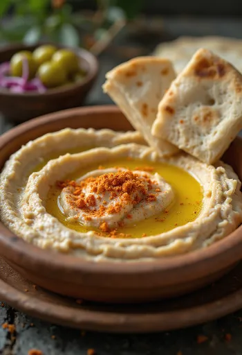 Hummus s hodvábnou konzistenciou, pokvapkaný olivovým olejom a podávaný s pita chlebom