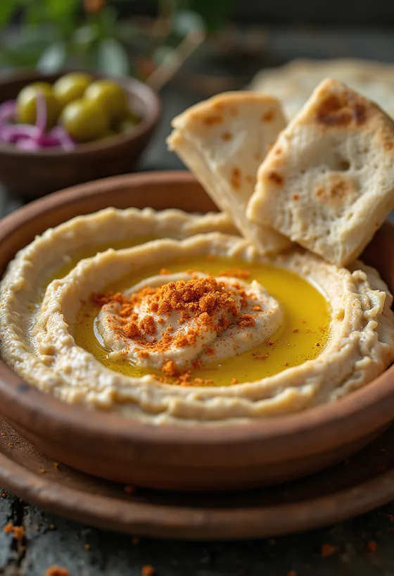 Hummus s hodvábnou konzistenciou, pokvapkaný olivovým olejom a podávaný s pita chlebom