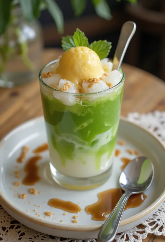 Cendol s durianom, podávaný s kokosovým mliekom, čerstvými rezancami a kockami ľadu