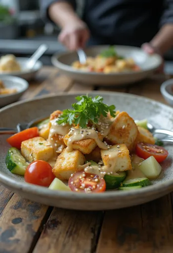 Cesnakový tofu šalát s tahini