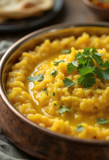 Khichdi s lúpaným mungom, ozdobené čerstvým koriandrom
