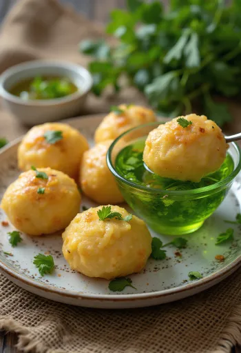 Pani puri podávané s čerstvou mätovo-koriandrovou vodou v rustikálnej miske