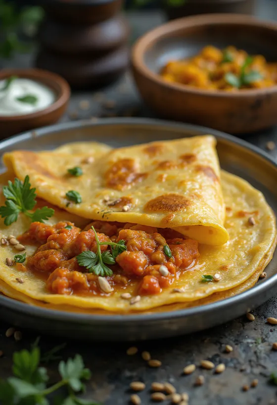 Tenká chrumkavá placka dosa s červenou čili pastou