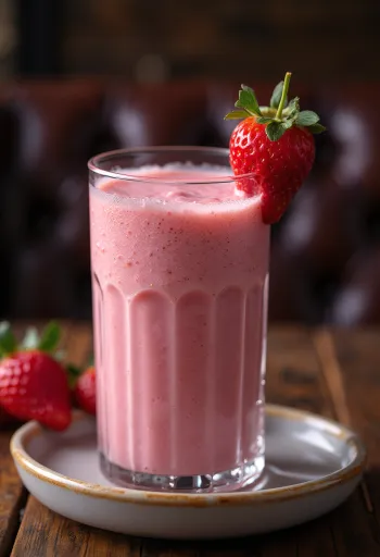 Jahodové smoothie vo vysokom pohári, ozdobené čerstvými plátkami jahôd