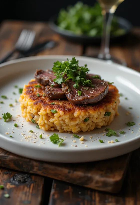 Tacu-tacu so steakom, plátky mäsa podávané s ryžovo-fazuľovou zmesou a koriandrom