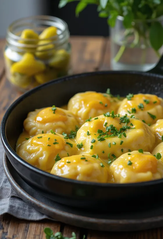 Halušky s vajcom posypané čerstvou petržlenovou vňaťou, podávané s domácou kyslou uhorkou.