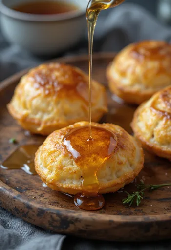 Æbleskiver sladené medom, čerstvé a mäkké šišky