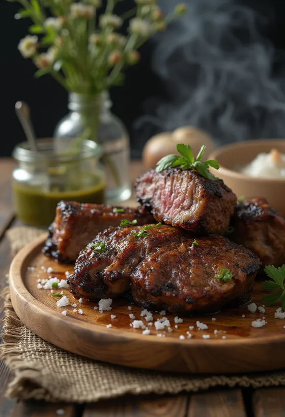 Asado podávané s grilovanou zeleninou a omáčkou chimichurri