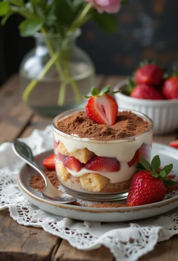 Jahodové tiramisu s vrstvenými piškótami a mascarpone krémom, ozdobené čerstvými jahodami