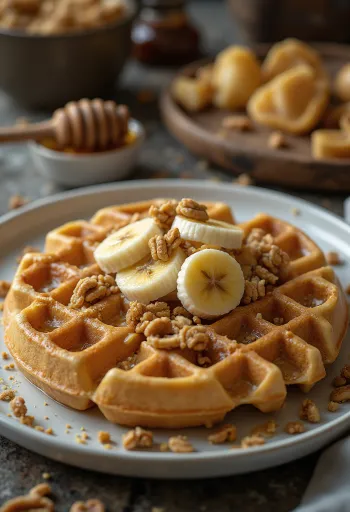 Vafle s arašidovým maslom, čerstvým ovocím a čokoládovou polevou