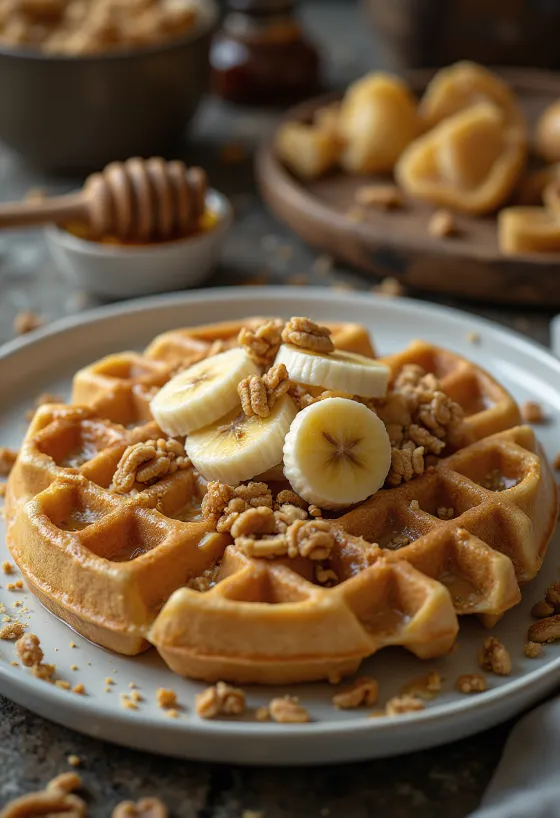 Vafle s arašidovým maslom, čerstvým ovocím a čokoládovou polevou