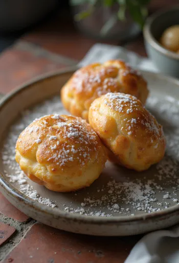 Æbleskiver s kardamónom, posypané práškovým cukrom