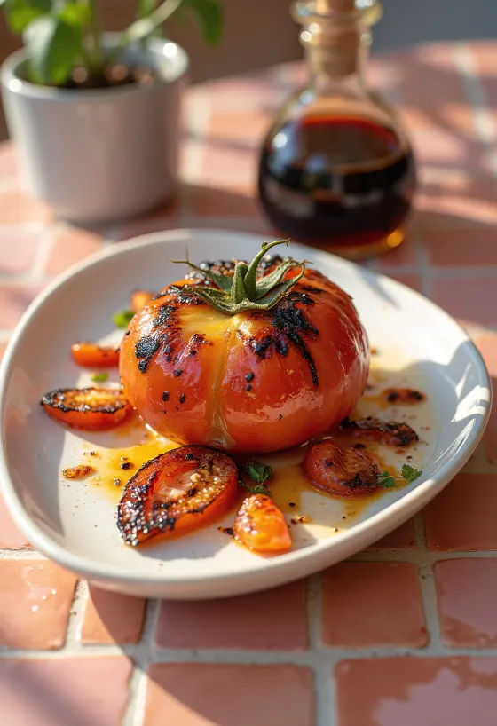 BBQ grilované paradajky s bazalkou na tanieri