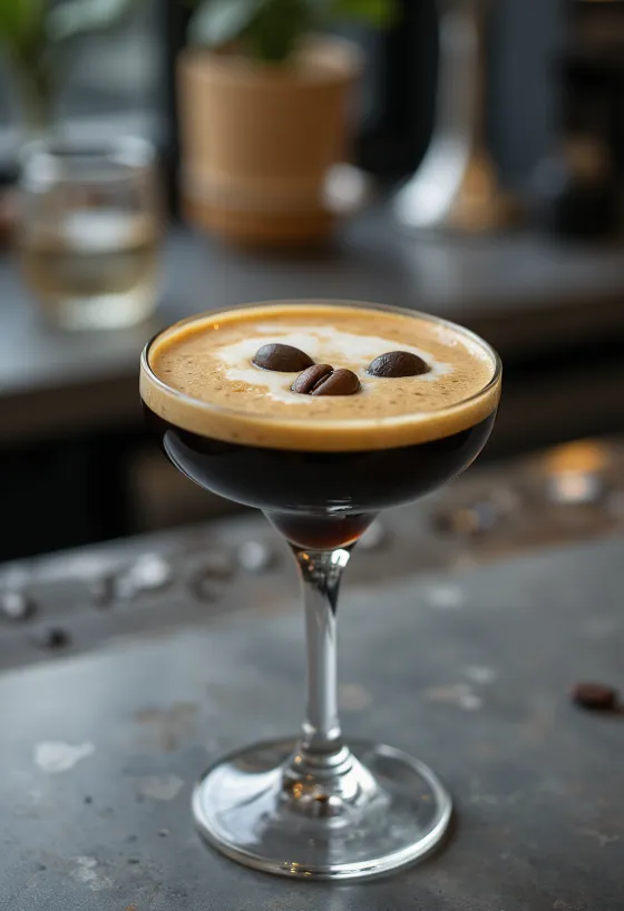 Kokteil Espresso Martini ozdobený tromi zrnkami kávy