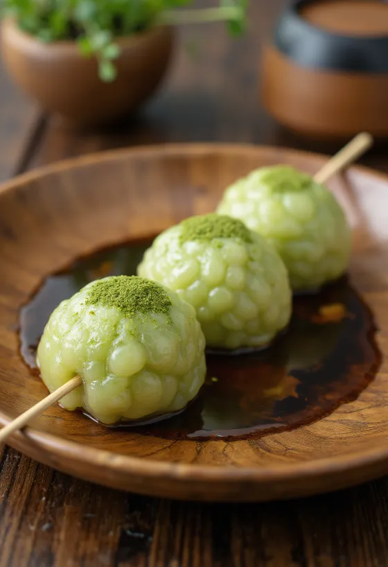 Matcha dango s omáčkou zo sójovej omáčky