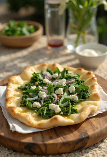Špenátové Pide, podávané s čerstvým cestom a korenistou špenátovou plnkou