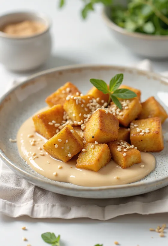 Pečené tofu s tahini omáčkou pri servírovaní