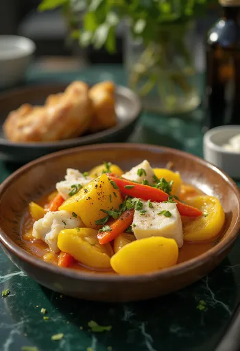 Ackee a solená treska podávaná so zeleninou a koreninami