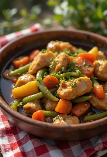 Adobo so zeleninovým ragú, zdobené čerstvým koriandrom