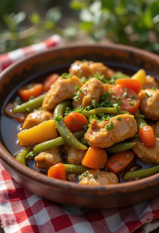 Adobo so zeleninovým ragú, zdobené čerstvým koriandrom