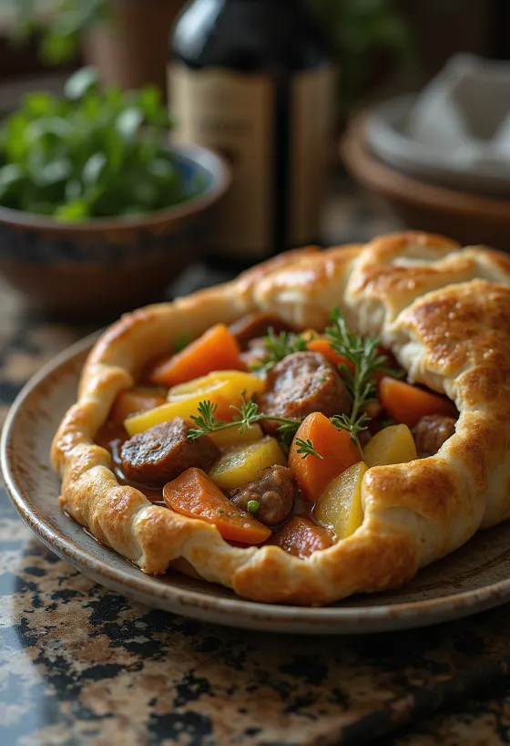 Keramická misa s Baeckeoffe a čerstvým chlebom