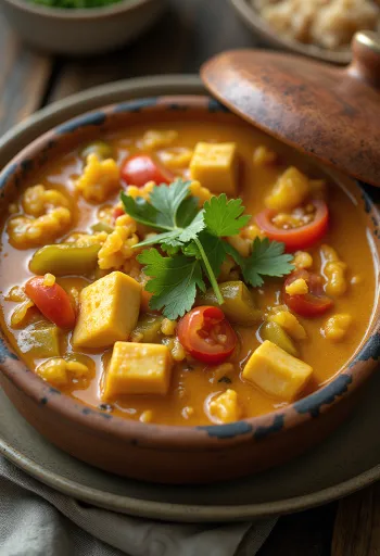 Moqueca s hnedou ryžou, tofu a čerstvým koriandrom